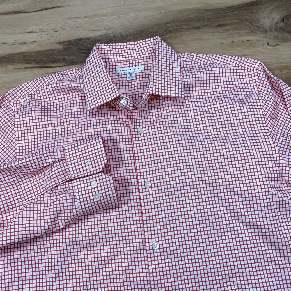 Banana Republic Shirt Men XL Classic Red White Windowpane Cotton Button Down Ivy